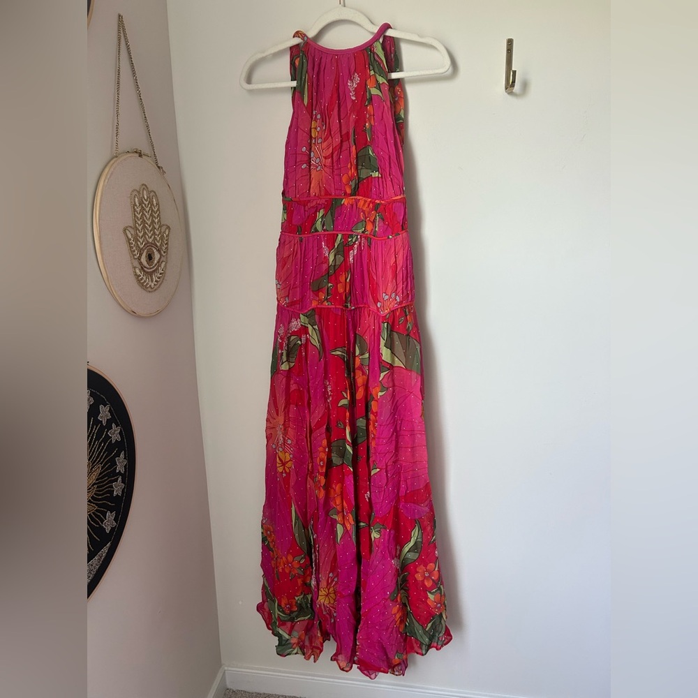 Farm Rio Floral Pink Rhinestone Open Back Halter Maxi Dress